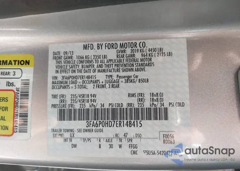 2014 Ford Fusion Se from USA, damaged, VIN 3FA6P0HD7ER148415